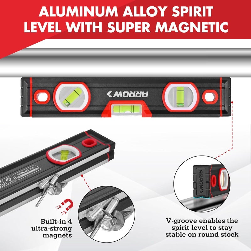 Arrow Fastener مجموعة مستوى الروح ARROW 3 قطع تتضمن مستوى 9"/16"/48" مع فقاعات 45°/90°/180°، حقيبة حمل، هيكل من سبائك الألمنيوم، قاعدة مصنوعة بدقة وأغطية مطاطية مقاومة للصدمات للبناء، النجارة - Image 5